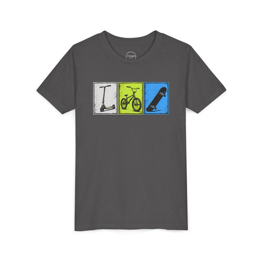 Youth / Kids Tee — Scooter, Bike & Skateboard Icon Panel