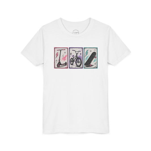 Youth / Kids Tee — Retro Scooter, Bike & Skateboard Graphic